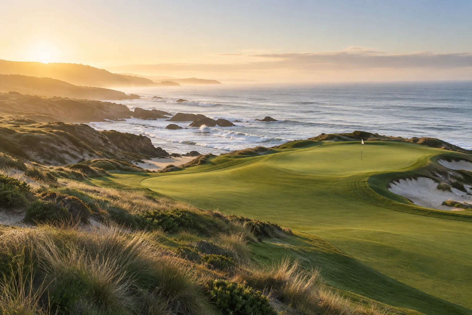 Illustrative coastal golf green in soft morning light